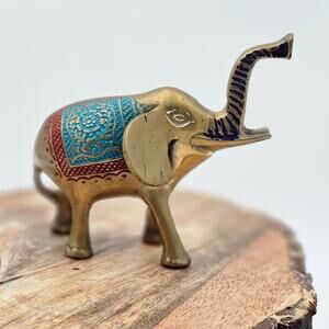 Vintage Handpainted Solid Brass Elephant Trunk Raised Figure. Made in India